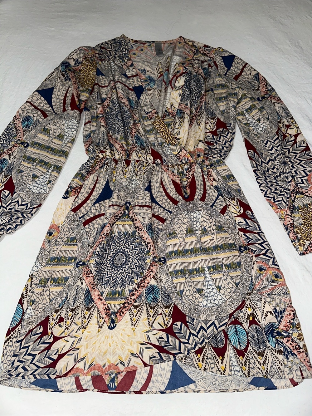 mahina Long Sleeve Geometric Print Wrap Dress in Multicolor